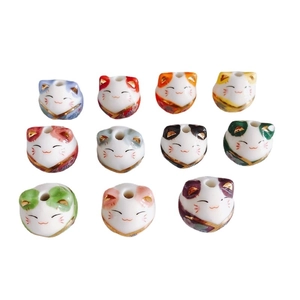 Hand-painted lucky cat ceramic beads in multiple colors for DIY jewelry and bracelet making
