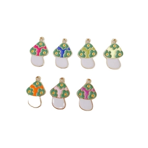 Set of seven colorful mushroom alloy enamel charms with floral patterns for DIY jewelry making