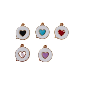 Five colorful DIY enamel heart pendants in chat bubble shapes with gold-plated metal finish