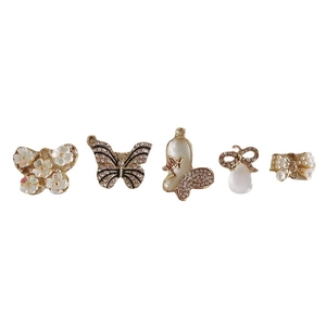 Set of five gold DIY butterfly and flower charms with pearls and sparkling crystals
