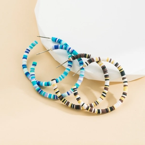 Bohemian Handmade Polymer Clay Heishi Bead Hoop Earrings For Women C-Shaped Multicolor Geometric Color Block Beach Jewelry