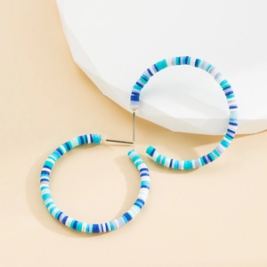Bohemian colorful clay bead hoop earrings with blue and white color block design