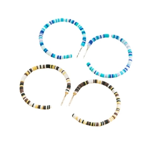 Bohemian C-shaped hoop earrings featuring colorful layered heishi clay beads set