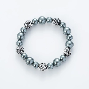 Pulsera elástica de perlas gris oscuro con cinco bolas disco de diamantes de imitación