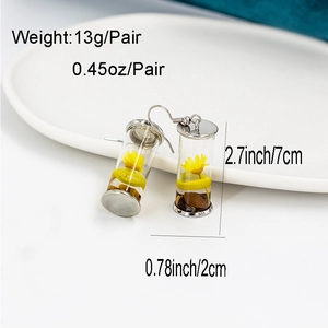 Detailed view of dried flower earrings in glass bottles with size and weight specs