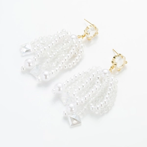 Elegant white pearl and crystal tassel drop earrings with 925 silver needle for women