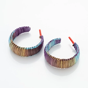 Handmade woven C-shaped hoop earrings with colorful raffia gradient fibers