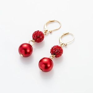 Elegant gold lever-back earrings with red crystal pave ball and large red pearl drops