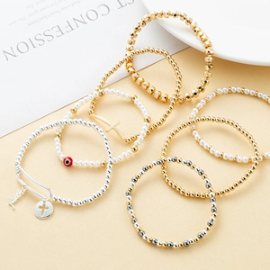 Pulsera de Cuentas con Cruz para Mujer Hombre Aleación Perla Artificial Ojo Turco Faith Dije Joyería Religiosa Moda Elástica Regalo