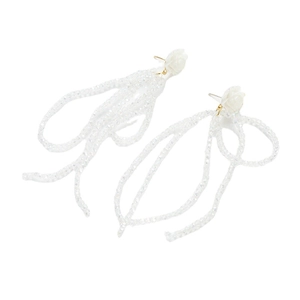 Elegant white rose stud earrings with long crystal beaded tassels on white background