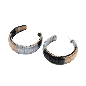 Handmade raffia woven C-shaped hoop earrings in tri-color black grey and khaki minimalist style
