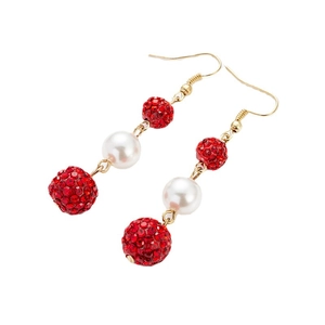 Elegant red cherry dangle earrings with shimmering crystal balls and white pearls