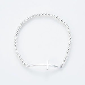 Pulsera minimalista de cuentas plateadas con dije de cruz horizontal para hombres y mujeres