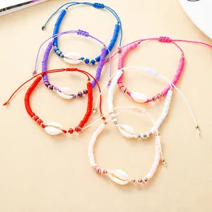 Handmade Bohemian Soft Clay Beads Bracelet Natural Shell Charm Adjustable Jewelry For Women Kids Summer Beach Vacation