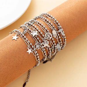 Bracciale Charm a Doppio Strato in Acciaio Inossidabile per Donna Argento Albero della Vita Croce Cuore Gioielli con Perle Artificiali