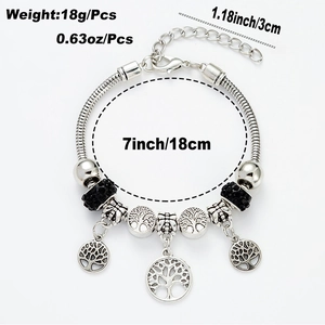 Silver tree of life charm bracelet with black beads and 18cm snake chain jewelry
