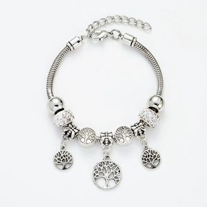 Silver tree of life charm bracelet with snake chain and crystal beads for women