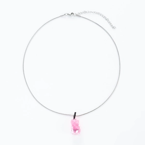 Pink resin bear pendant necklace with polished silver snake chain for women fashion