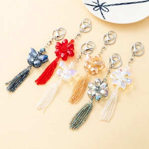 Luxury Alloy Artificial Crystal Butterfly Flower Tassel Keychain Elegant Bag Charm For Women Gift Rhinestone Keyring