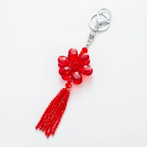 Elegant red crystal flower keychain with long bead tassel and silver metal clip