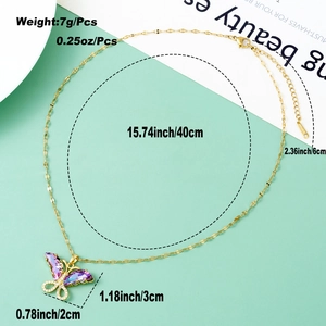 Detailed size view of gold butterfly pendant necklace with purple stones and measurements