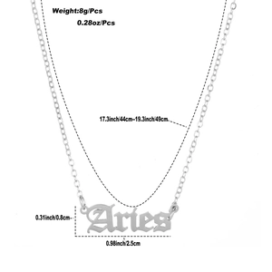 Hypoallergenic titanium steel Aries pendant necklace with Gothic lettering and size specs