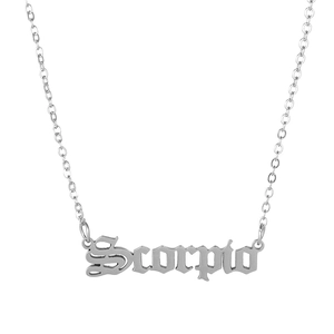 Hypoallergenic silver plated Scorpio zodiac pendant necklace with gothic font on metal chain