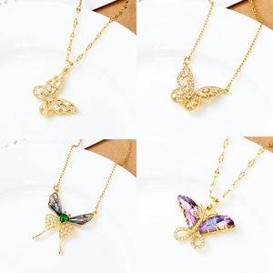 18K Gold Plated Stainless Steel Butterfly Pendant Necklace For Women Exquisite Zirconia Butterfly Animal Fashion Jewelry Gift