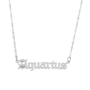 Detailed macro view of silver Aquarius zodiac letter pendant on a cross chain necklace
