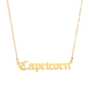Detail van 18K vergulde Steenbok hanger in gotisch lettertype met een fijne ketting