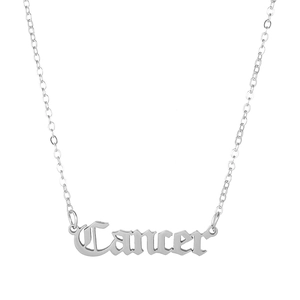 Detailed close-up of Cancer zodiac silver-tone necklace with gothic lettering pendant