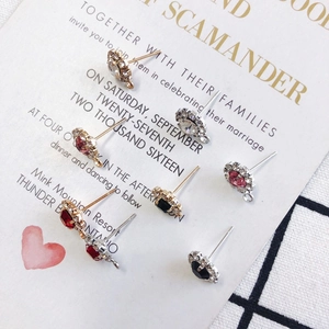 Sparkling rhinestone round stud earrings with hanging loops in red, pink and black
