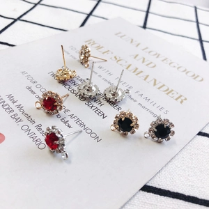 Detailed view of rhinestone inlaid round earring studs with DIY connecting loops