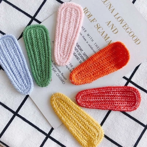Set of six colorful handmade crochet hair clips in pastel tones for DIY hair accessories