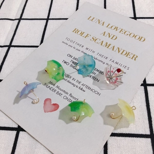Set of six colorful resin umbrella charms with pearls and gold hooks for DIY jewelry