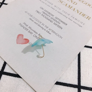 Detail of DIY mini umbrella charm with blue transparent canopy and white pearl accent