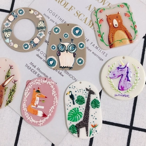 Handmade DIY acrylic forest animal pendants with cute owl, bear and unicorn illustrations