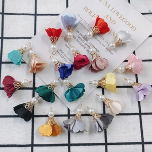Colorful fabric flower charms with imitation pearl and gold metal base for DIY jewelry