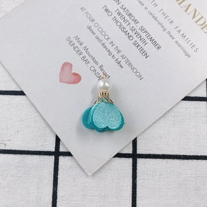 Detail of teal silk flower pendant with gold floral cap and white faux pearl for DIY