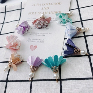 Colorful fabric flower petal charms with gold caps and pearls for DIY jewelry making