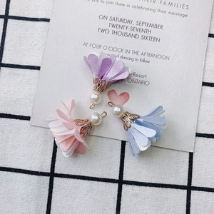 DIY floral earring pendants with satin petals, faux pearls, and gold metal caps in 3 colors