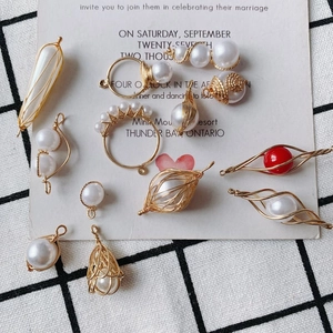 Elegant gold-wired pearl charms in various geometric shapes for DIY jewelry making