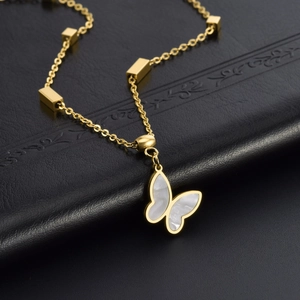 Elegant 18k gold plated titanium necklace with white shell butterfly pendant and cubes