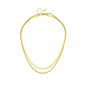 Double-layer gold layered necklace with flat snake chain and twisted rope chain texture