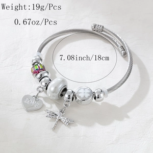 Silver beaded bracelet featuring dragonfly, heart charm and white pearl beads detail