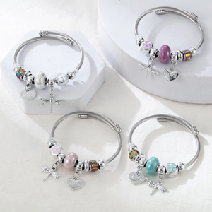 Stainless Steel Beaded Charm Bracelet For Women Silver Heart Dragonfly Pendant Adjustable Spiral Bangle Jewelry Accessory