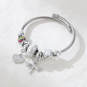 Silver charm bracelet featuring dragonfly and love heart pendants on a stylish rope band