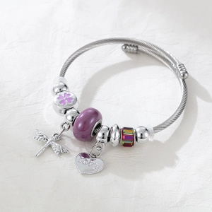 Silver dragonfly charm bracelet with heart Love pendant and purple glass beads