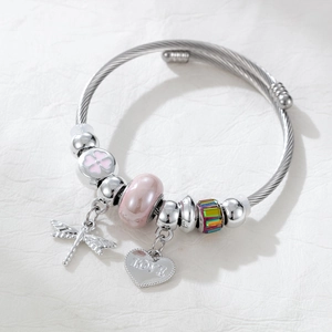 Silver stainless steel charm bracelet featuring heart love charm and pink dragonfly pendant