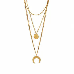 Three-layer gold titanium steel necklace featuring starburst coin and crescent moon charms
